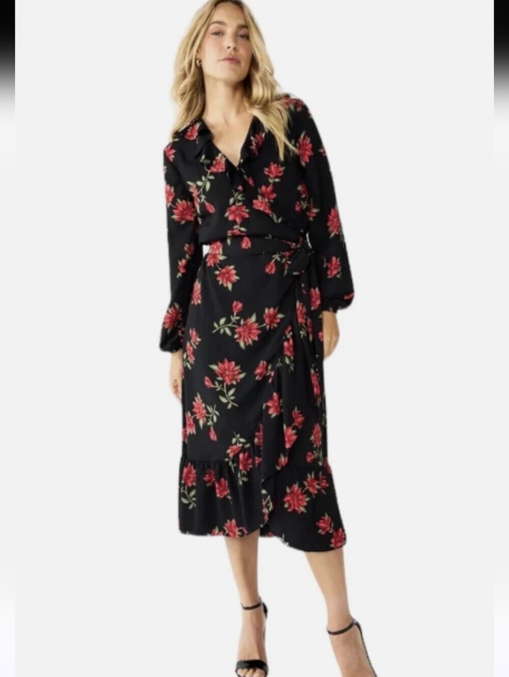 Draper James Black Floral Long Sleeve Ruffle Midi Wrap Dress Women's Sz Large